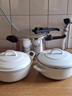 Pannenset: Snelkookpan & 2 Emaille Pannen, Huis en Inrichting, Keuken | Potten en Pannen, Ophalen, Gebruikt, Pannenset, Rvs
