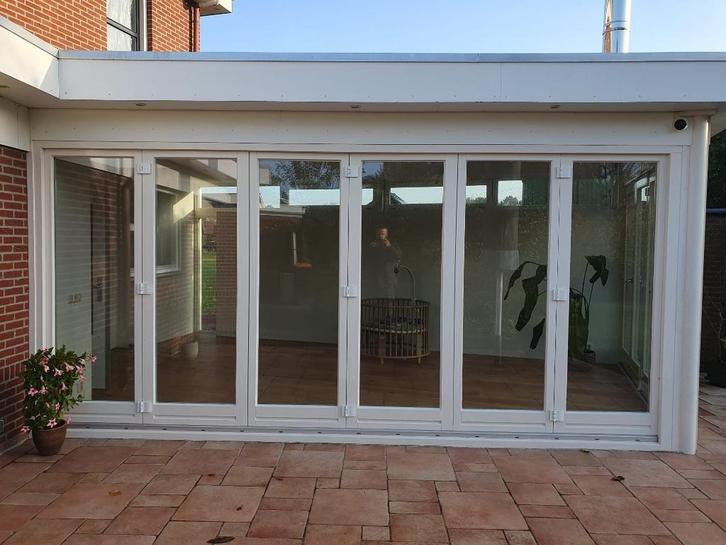 Houten vouwdeuren met dubbel glas – 10 stuks, Doe-het-zelf en Verbouw, Deuren en Horren, Gebruikt, Buitendeur, 215 cm of meer