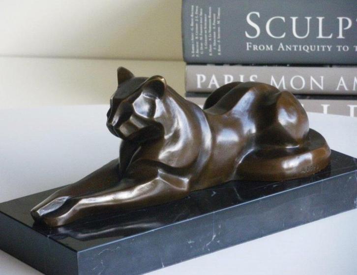 Art Deco Kater Kat Poes Beeld Brons op Marmer Gesigneerd, Antiek en Kunst, Kunst | Beelden en Houtsnijwerken, Verzenden
