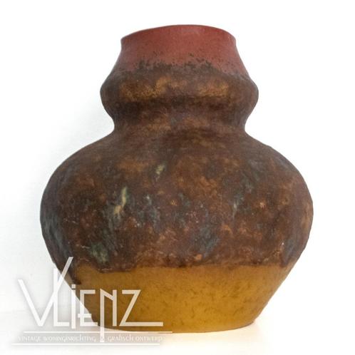 Vintage, retro, Mid Century vaas, bruisglazuur geel rood, Verzamelen, Retro, Huis en Inrichting, Ophalen