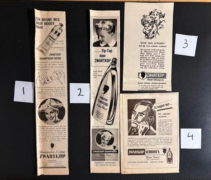 4 advertenties ‘Zwartkop shampoo’ (1947-1952), Verzamelen, Tijdschriften, Kranten en Knipsels, Knipsel(s), 1940 tot 1960, Ophalen of Verzenden