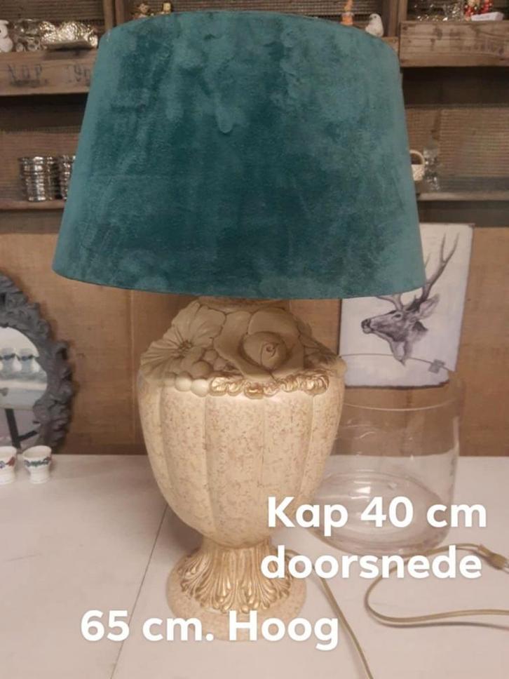 Vintage brocante Lamp met Groene Kap, Huis en Inrichting, Lampen | Lampenkappen, Gebruikt, 50 cm of meer, Overige vormen, Beige