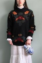 Vintage mohair jugendstil bloemen trui zwart 80s M L, Maat 38/40 (M), Verzenden, Zwart, Zo goed als nieuw