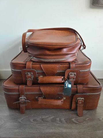 Vintage Lederen Kofferset Cognac - Zo Goed Als Nieuw! beschikbaar voor biedingen