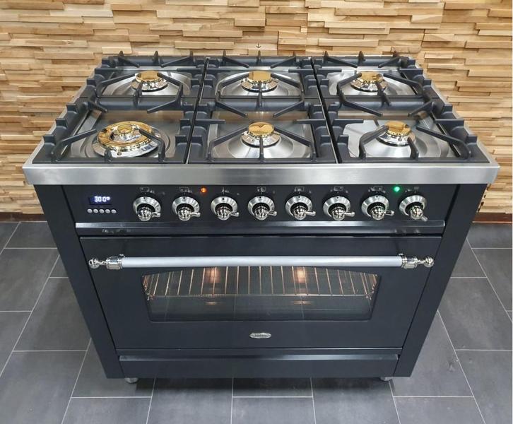 🔥Luxe Boretti Fornuis 90cm antraciet + rvs 6 pit 300° oven, Witgoed en Apparatuur, Fornuizen, Zo goed als nieuw, Vrijstaand, Gas