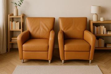 2x Leren fauteuils – Lichtbruin beschikbaar voor biedingen