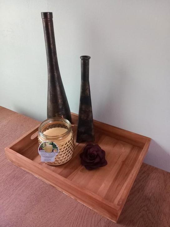 Nieuwe Houten Dienblad + toebehoren vazen+ kaars ehv geldrop, Huis en Inrichting, Woonaccessoires | Dienbladen, Nieuw, Hout, Ophalen of Verzenden