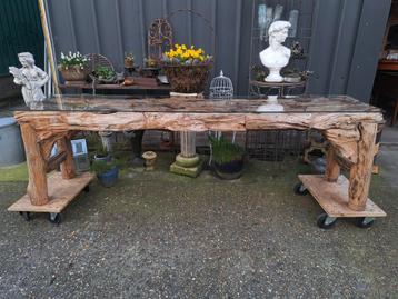 Unieke Teakhouten drijfhouten sidetable wandtafel, met glasp beschikbaar voor biedingen