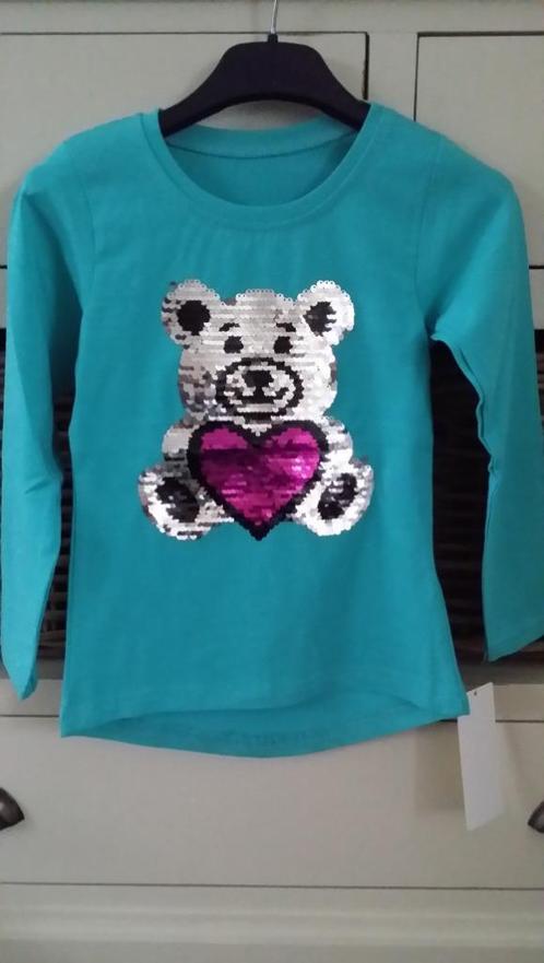 Longsleeve pailletten beertje met hart - blauw 158/164, Kinderen en Baby's, Kinderkleding | Maat 158, Nieuw, Meisje, Shirt of Longsleeve