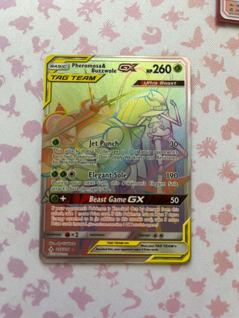 Rainbow Rare Pheromosa & Buzzwole Tag Team GX NM, Ophalen of Verzenden, Zo goed als nieuw, Losse kaart