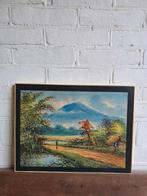 Indonesie op papier mensen hut vuurboom vulkaan gesigneerd, Ophalen