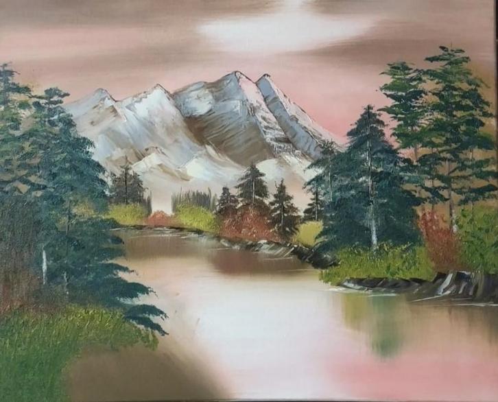 Schilderij: Berglandschap met Meer zelfgemaakt, Antiek en Kunst, Kunst | Schilderijen | Klassiek, Ophalen of Verzenden