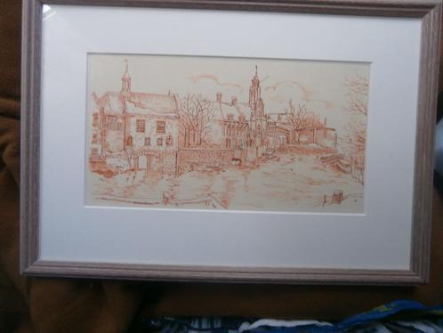 Delfshaven R.dam, Mooie iets rose gekl. ets Mooi lijstje, Antiek en Kunst, Kunst | Etsen en Gravures, Verzenden