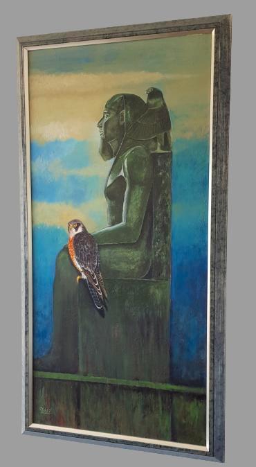 Greetje Korne–Faber(1951)Egyptisch standbeeld met slechtvalk, Antiek en Kunst, Kunst | Schilderijen | Modern, Ophalen