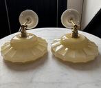Set 2 vintage wandlampen melkglas geel glas glazen lamp kap, Ophalen of Verzenden, Glas