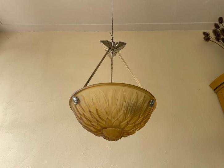 Mooie Gele Hanglamp Schaallamp Lamp art deco 1930 Frans, Antiek en Kunst, Antiek | Lampen, Ophalen of Verzenden