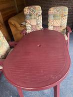 Tuintafel met 3 stoelen en kussens, Ophalen, Gebruikt, Ovaal, Kunststof
