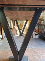 Tropisch houten Bartafel met stalen poot. 250x100 cm., Ophalen of Verzenden, Zo goed als nieuw