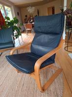 Ikea Poang Fauteuil - Donkerblauw Leer, Huis en Inrichting, Gebruikt, Ophalen of Verzenden, 50 tot 75 cm, Hout