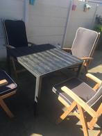 Tuintafel 90x90 + 4 hardhouten stoelen 🍀❗️, Gebruikt, Ophalen, Vierkant, Aluminium