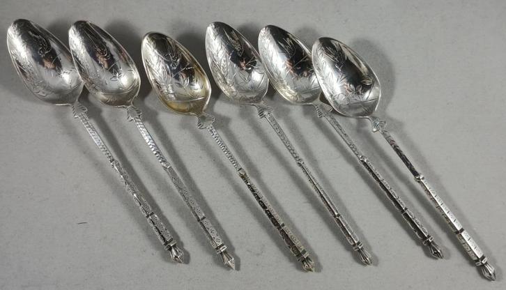 6 gegraveerde koffielepels antiek 800 zilver, Antiek en Kunst, Antiek | Goud en Zilver, Zilver, Ophalen of Verzenden