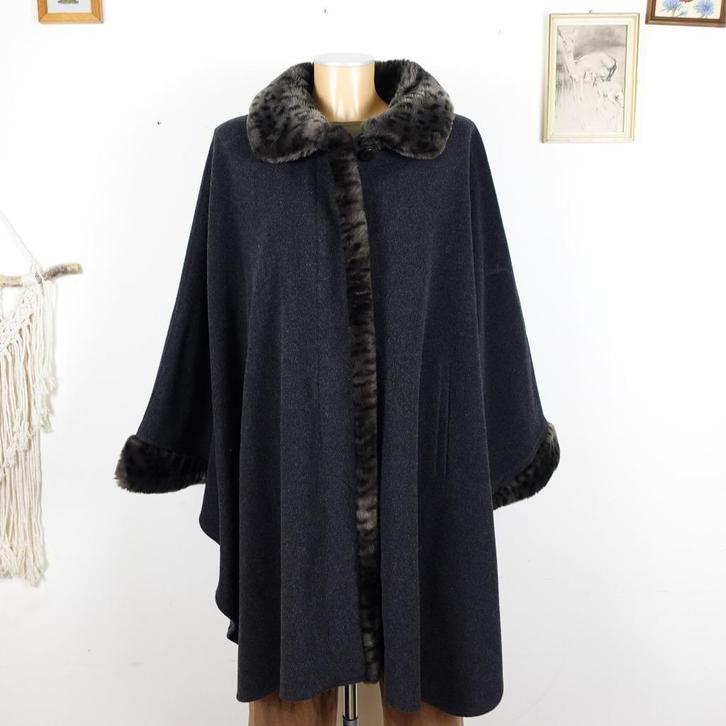 Damo Donna wol & kasjmier cape faux bont rand One Size, Kleding | Dames, Jassen | Winter, Zo goed als nieuw, Maat 38/40 (M), Zwart