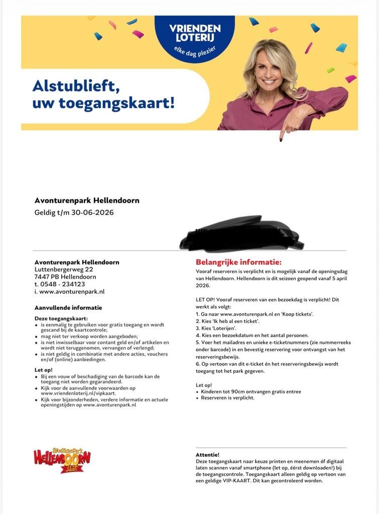 Toegangsticket hellendoorn, Tickets en Kaartjes, Eén persoon, Ticket of Toegangskaart