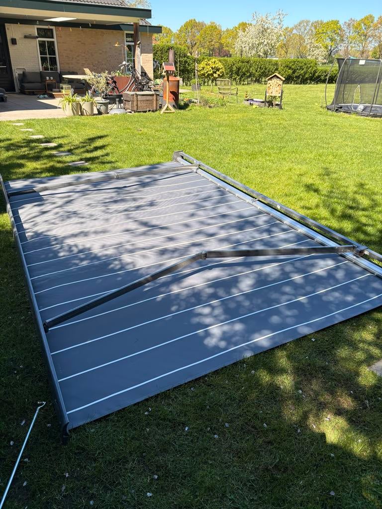 Zonnescherm, Knikarmscherm 400x230, grijs, Tuin en Terras, Zonneschermen, Ophalen, Gebruikt, 150 tot 300 cm, 250 cm tot 450 cm