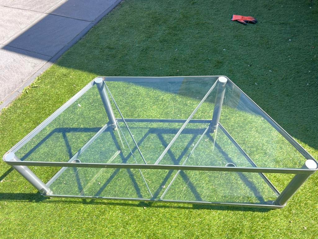 Tuintafel met 2 glasplaten en wieltjes, Ophalen, Gebruikt, Rechthoekig, Aluminium