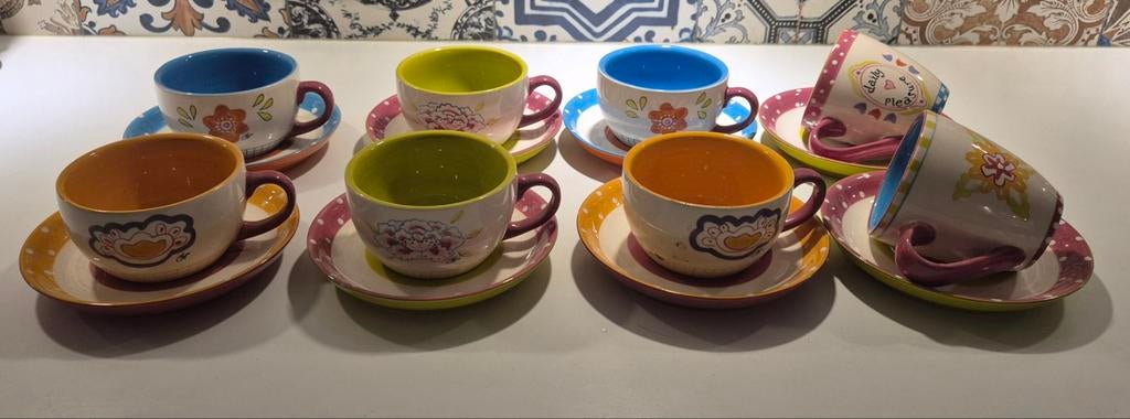 Jet ter Steege kopjes met schoteltjes en mokjes, Keramiek, Ophalen of Verzenden, Zo goed als nieuw, Overige stijlen