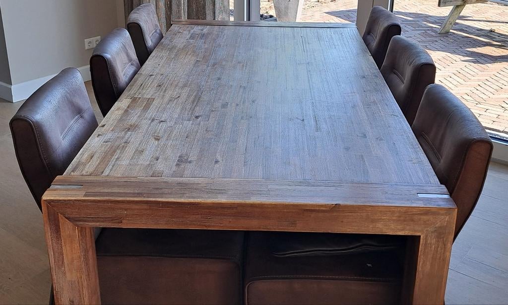 Uitschuifbare eettafel met 6 stoelen op wieltjes, Ophalen, Gebruikt, 200 cm of meer, 50 tot 100 cm