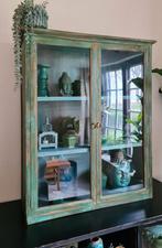 XL vitrinekast opzetkast vintage India Ibiza stijl groen, Ophalen, Met deur(en), 100 tot 150 cm, 50 tot 100 cm