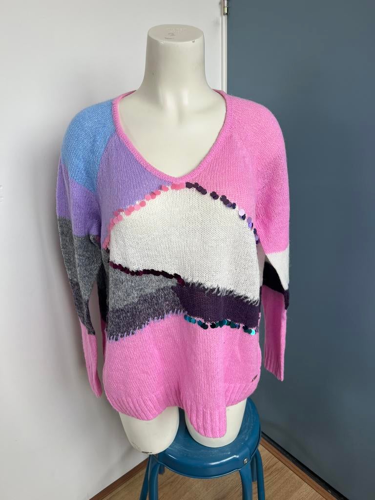 Amy vermont 44 roze lichtblauw gebreide trui met wol wollen, Maat 42/44 (L), Ophalen of Verzenden, Zo goed als nieuw, X