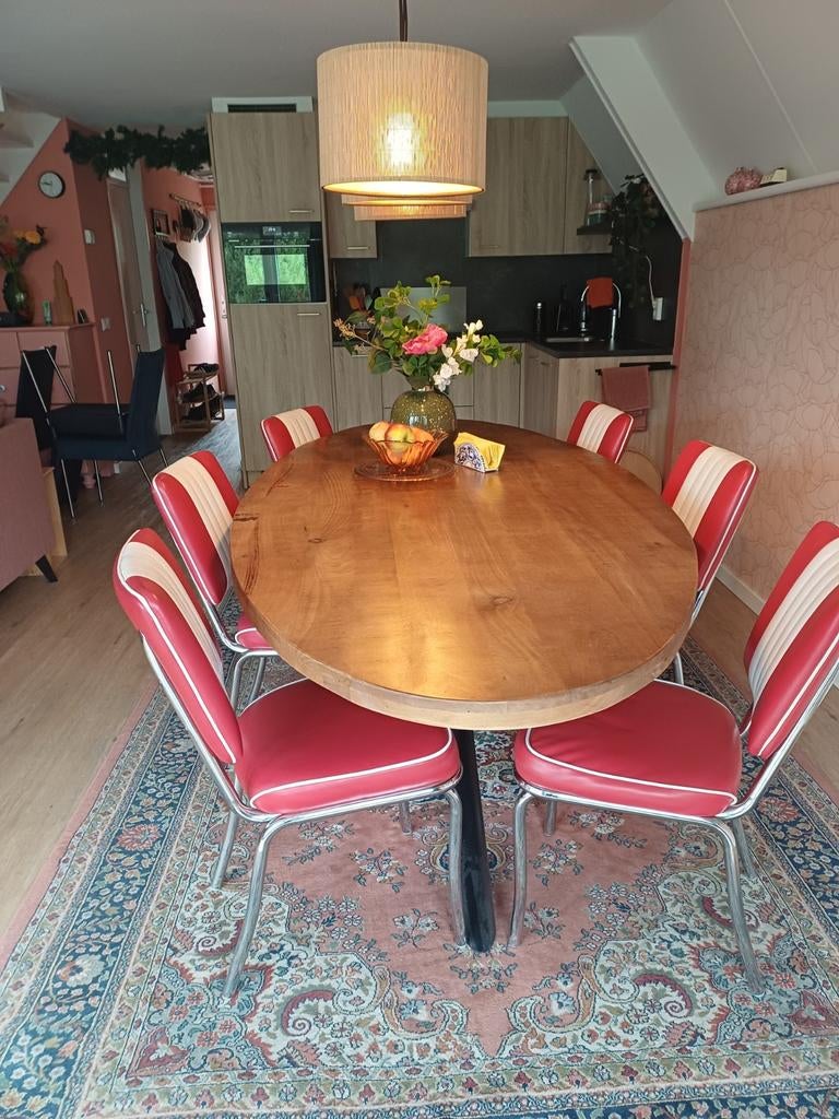 6 rode Bel Air Retro Fyfties eetkamerstoelen., Huis en Inrichting, Stoelen, Overige materialen, Gebruikt, Retro fyfties, Ophalen of Verzenden