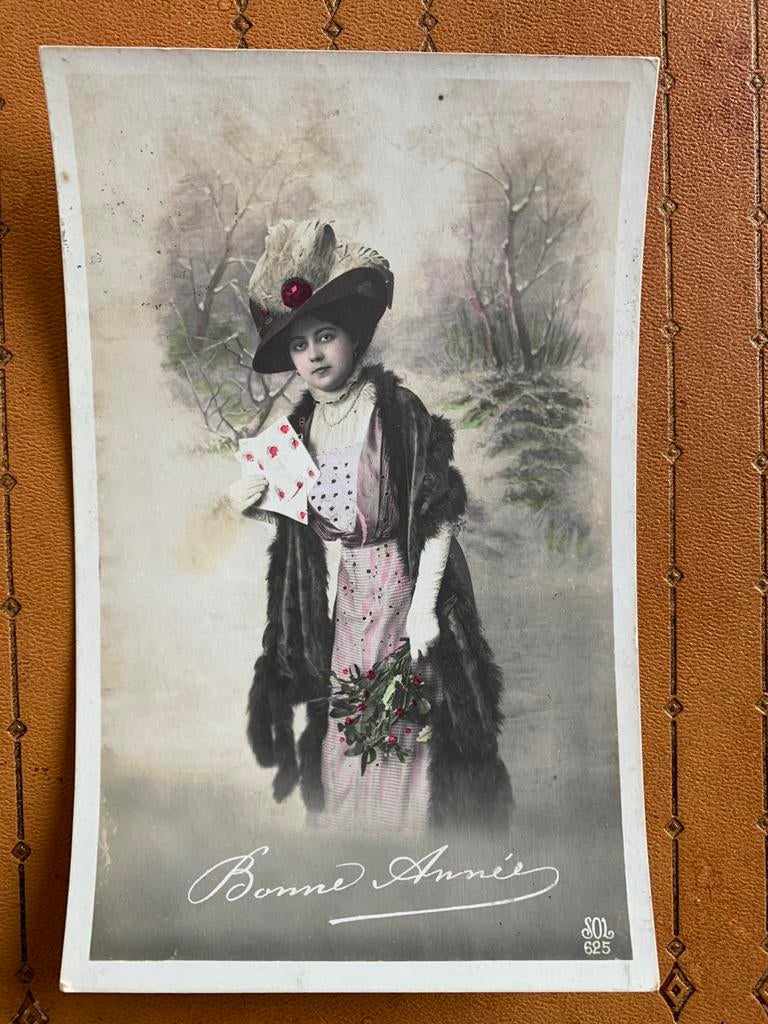 Bonne Année - dame met hoed, Ophalen of Verzenden, Voor 1920, Gelopen, Feest(dag)