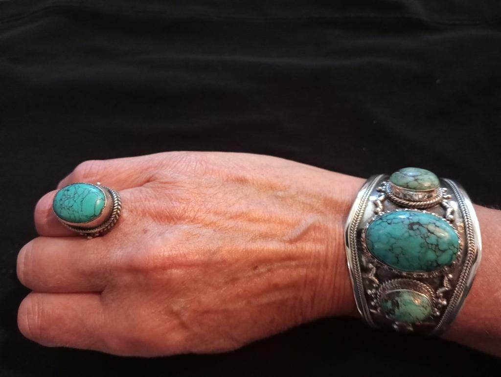 OOAK, zilveren armband&ring Ibiza,met natuurlijk ! turqois, Gebruikt, Ophalen of Verzenden, 17 tot 18, Met edelsteen