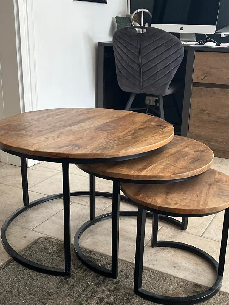 Set van 3 mahonie houten salontafel, Minder dan 45 cm, Minder dan 55 cm, Rond, Ophalen of Verzenden