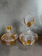 Art deco parfumfles en bonbonschaaltje amberkleurig glas, Ophalen of Verzenden