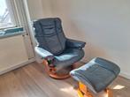 Leren fauteuil met voetbankje, Ophalen, Gebruikt, Leer