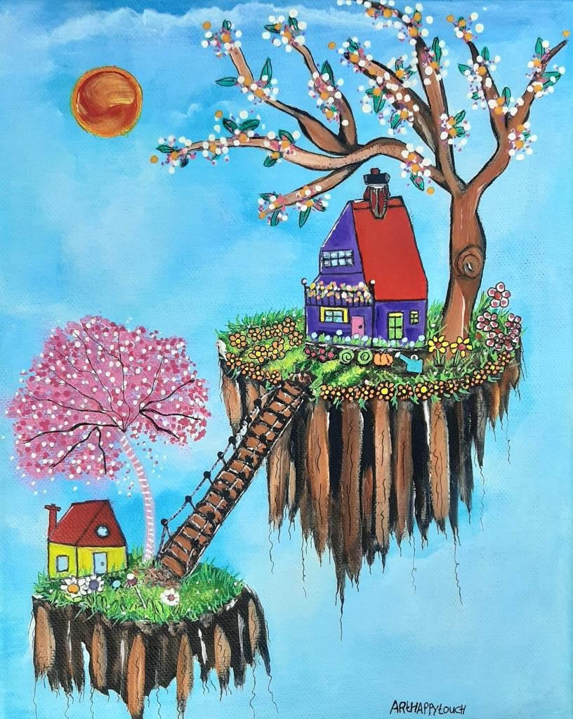 Schilderij huisje in de wolken vrolijk acryl op canvas, Ophalen of Verzenden