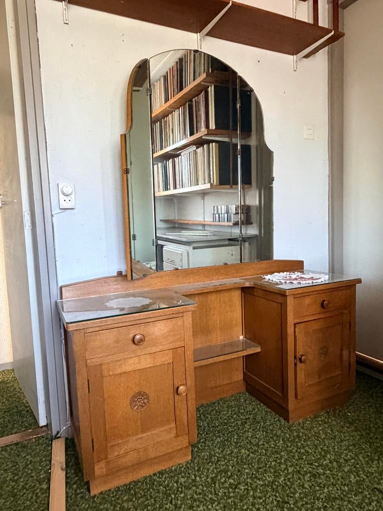Vintage kaptafel met spiegel en opbergruimte, Ophalen, Gebruikt, 100 tot 150 cm, 50 tot 100 cm