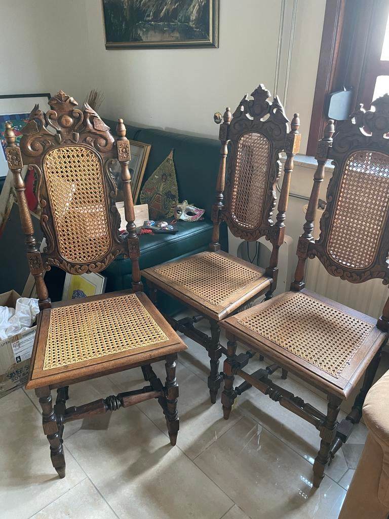 Set van 3 antieke houten stoelen met rieten zitting, Antiek en Kunst, Ophalen of Verzenden