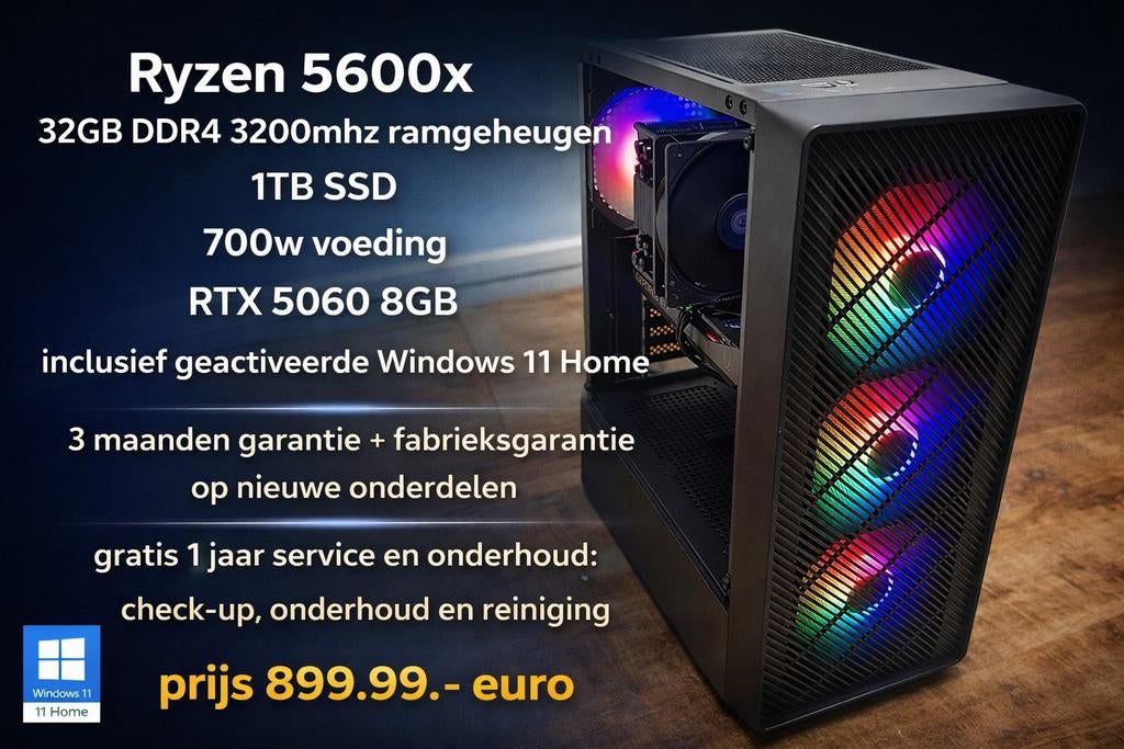 Krachtige Gaming PC – Ryzen 5 5600X / RTX 5060 – Garantie, 32 GB, PCmeneer, Zelf gebouwde pc, Zo goed als nieuw