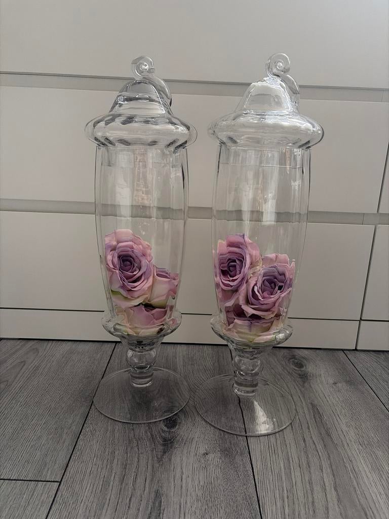 Set van 2 glazen siervazen met deksel, Ophalen, 50 tot 75 cm, Wit, Glas