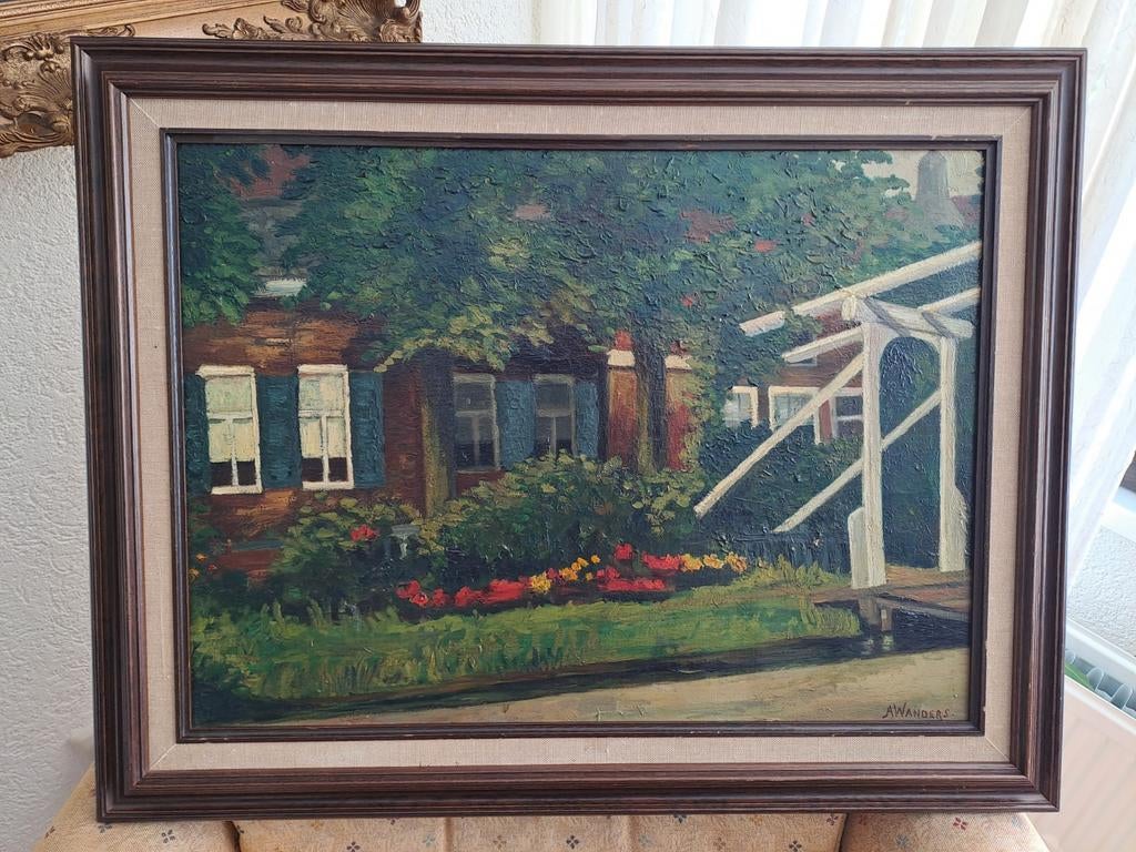 Schilderij A. Wanders: Ophaalbrug bij woningen, Ophalen