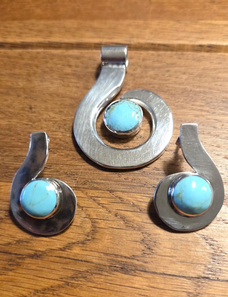 Mooie zilveren (925) Mexico / Navajo set TR-110 Turkoois, Ophalen, Hangers, Zo goed als nieuw, Met edelsteen