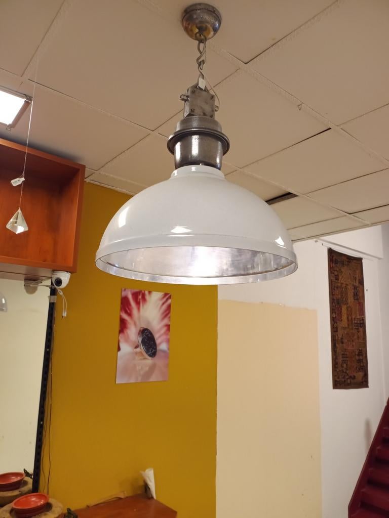 Vintage Industriële Hanglamp - Wit Emaille, Ophalen of Verzenden