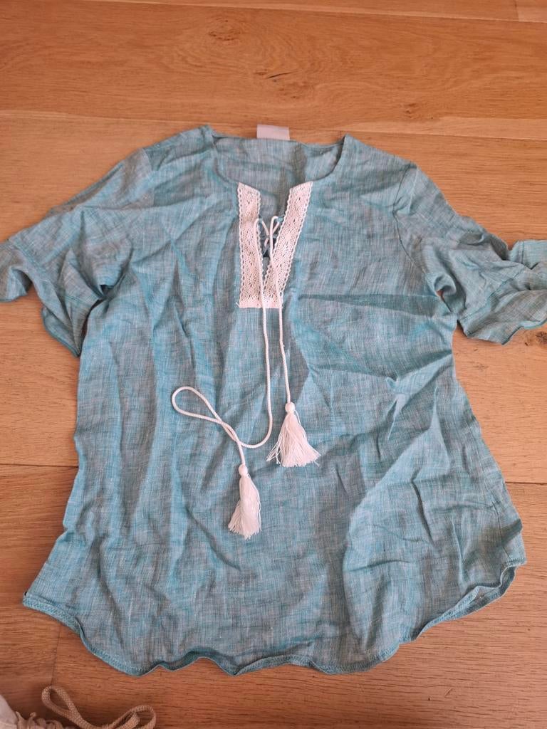 Canda linnen blouse met kwastjes - Maat 40, Maat 38/40 (M), Blauw, Ophalen of Verzenden, Zo goed als nieuw