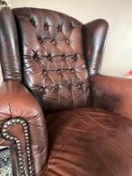 Chesterfield fauteuil - Bruin leer, Huis en Inrichting, Fauteuils, Ophalen, Gebruikt, Leer, 75 tot 100 cm