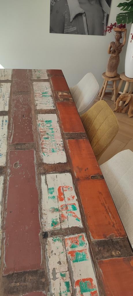 Unieke tafel van Indonesisch botenhout met inklapbaar onders, Overige houtsoorten, Gebruikt, 200 cm of meer, Vijf personen of meer